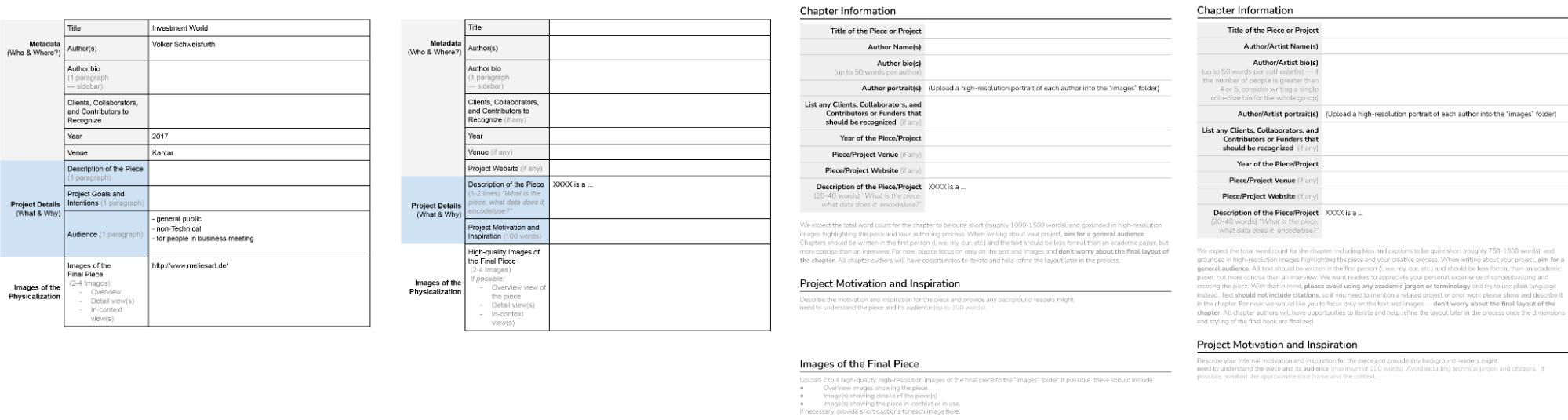 Four versions of the first page of the template, showing prompts for sections and elements such as Title or Description of the Piece.